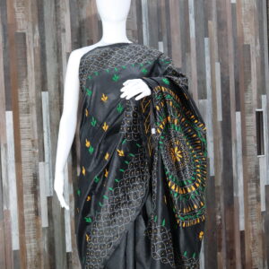 kantha stitch black handloom saree