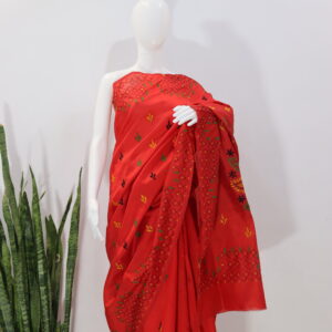 kantha work red handloom saree